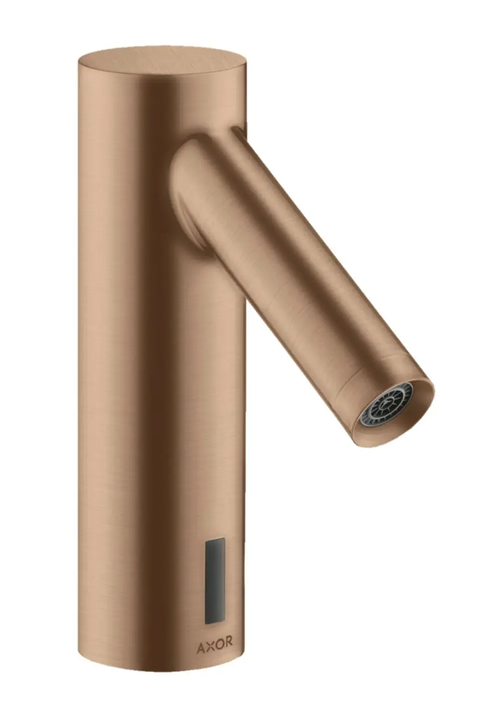 Waschtischmischer in gebürstetem Rotgold von AXOR mit elektronischer Steuerung und Temperaturvoreinstellung. Klare, moderne Form mit seitlichem Hebel und Luftsprudler.